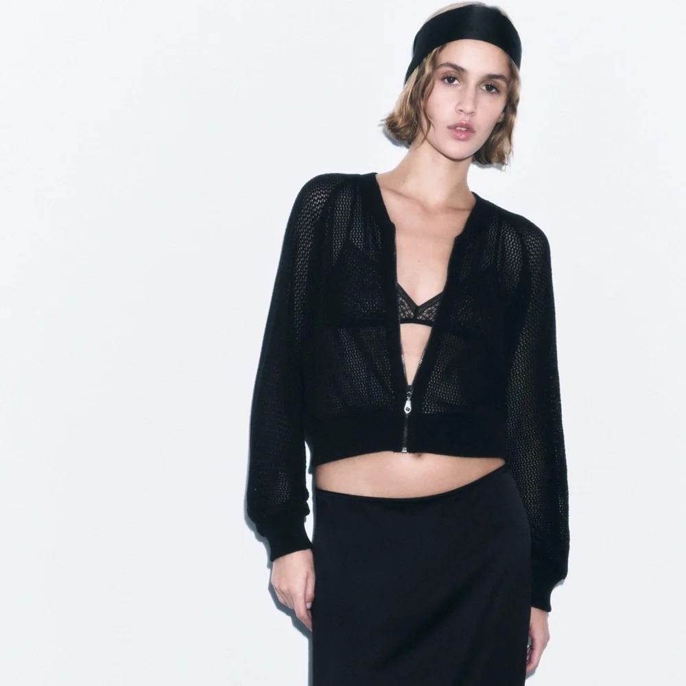 Zara mesh knit bomber cardigan top